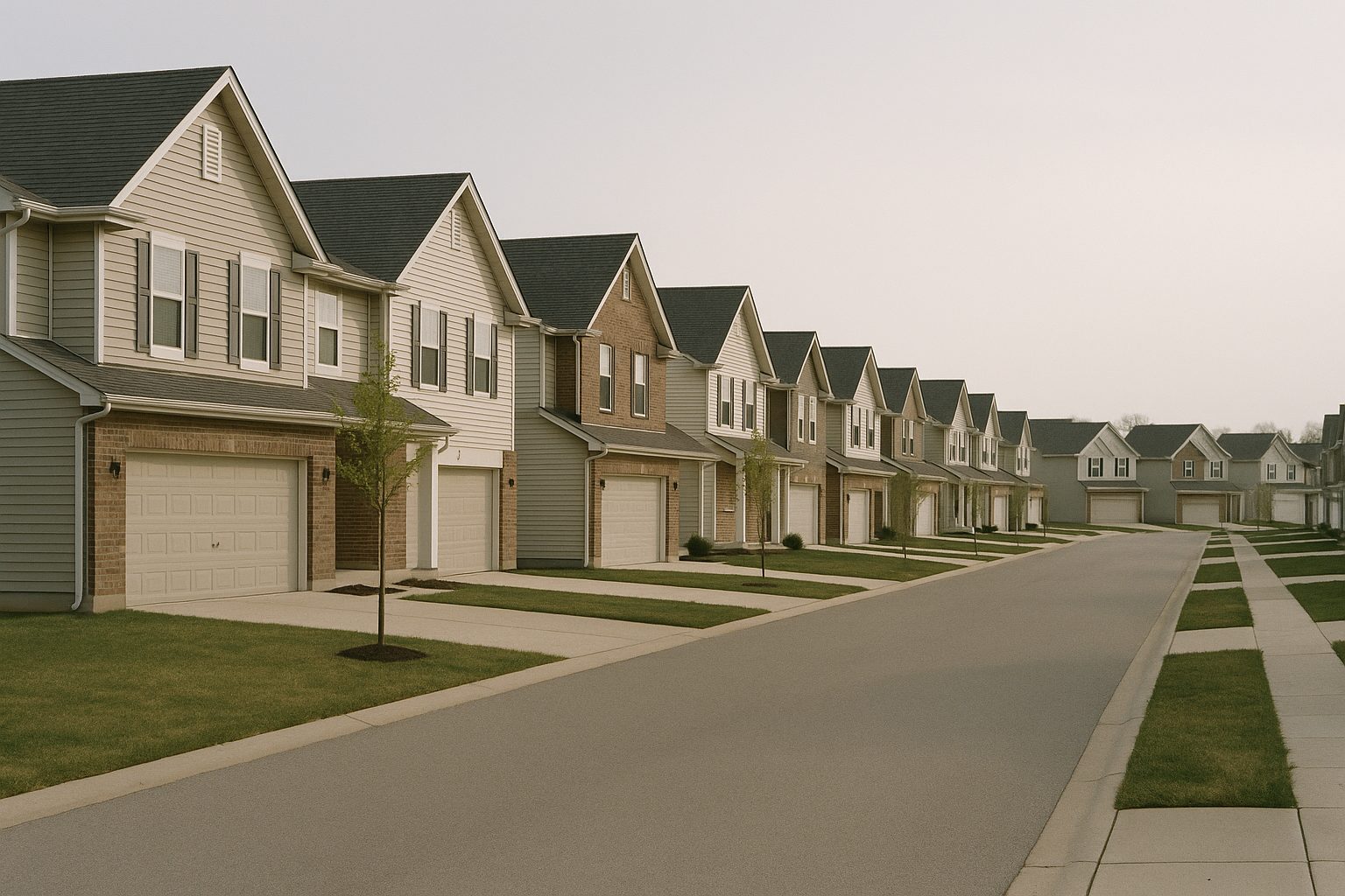 A wide newer suburban street running away from the camera, lined on both sides with large two storey houses that are plainly all of one build: the same brick fronts and vinyl lap siding, the same attached garages, the same charcoal architectural shingle roofs weathered to the same degree, and a young tree of the same size planted in every front lawn