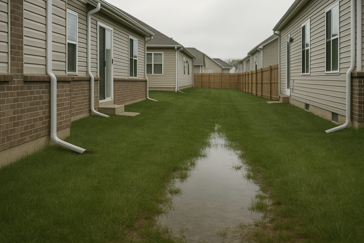 Looking along the narrow side gardens between two rows of newer houses with vinyl siding above a brick base, where white aluminium downspouts turn out at the bottom and discharge onto the ground close against the foundation walls. The lawns run almost level away from the walls, a new timber privacy fence closes the far end, and a long sheet of standing water lies in a shallow low spot down the middle under an overcast sky after rain