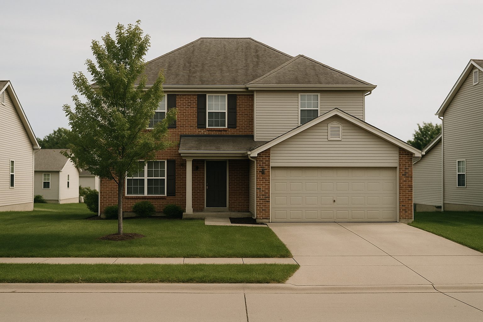 A newer two storey subdivision house seen square on from the street, brick across the front elevation and pale vinyl lap siding elsewhere, an attached two car garage with a wide concrete drive, and a simple hipped and gabled roof of architectural shingle that is visibly weathered and darkly streaked. A young maple stands in the mown front lawn and near identical houses stand close on both sides